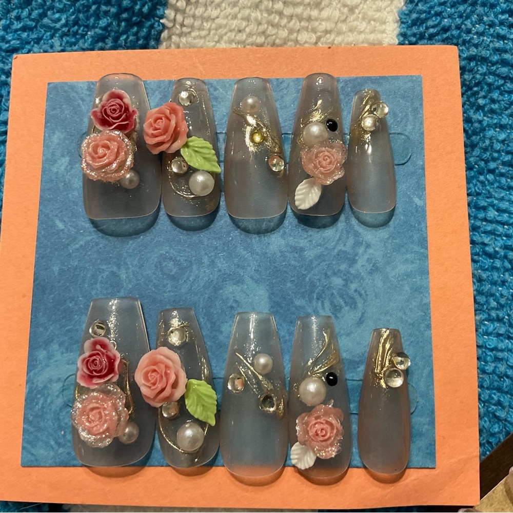 Floral Embellished -Bridal Collection- Press-On Nails Set Size Large #131